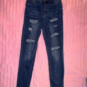 Distressed Skinny Jeans - Dark Blue